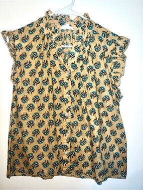 THML Tan Floral Button-Front Blouse with Teal Print